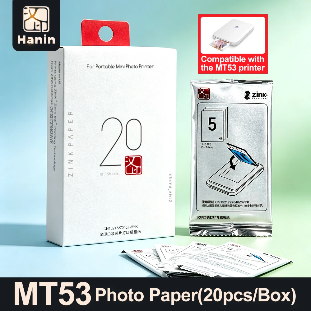 Papel fotográfico colorido de zinco, 20 peças, 2x3 polegadas, papel fotográfico de transferência térmica com parte traseira adesiva para impressora fotográfica de bolso hprt mt53