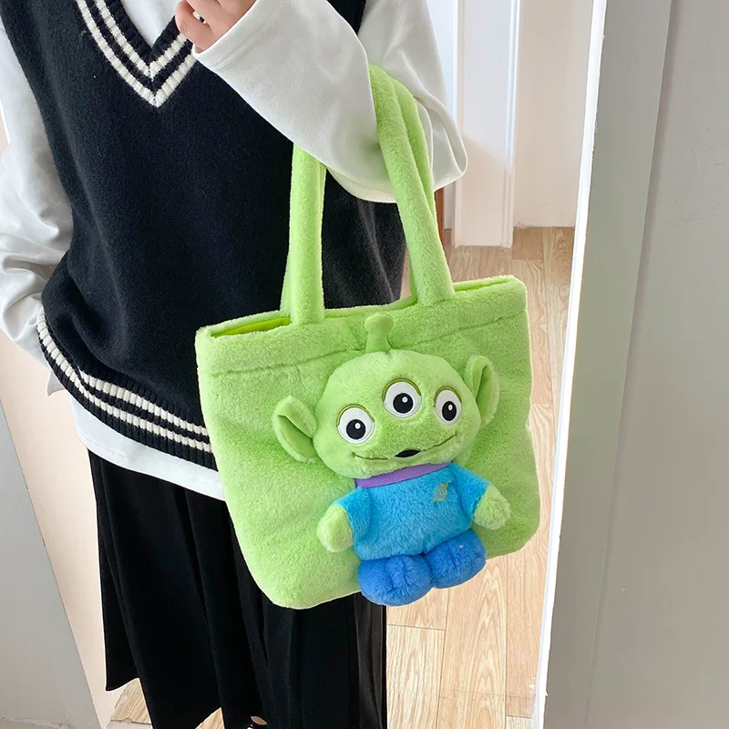 MINISO 2024 New Cartoon Plush Doll Shoulder Bag Sweet and Cute Stitch Strawberry Bear Soft Cute Girls Handbag