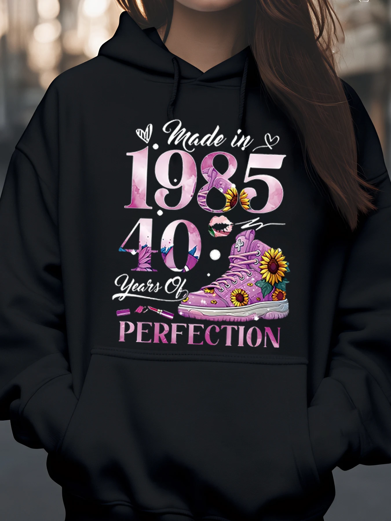 

Сделано в 1985 году, 40-летняя розовая толстовка с капюшоном и дизайном ботинок, подарок на день рождения для женщин, повседневная одежда