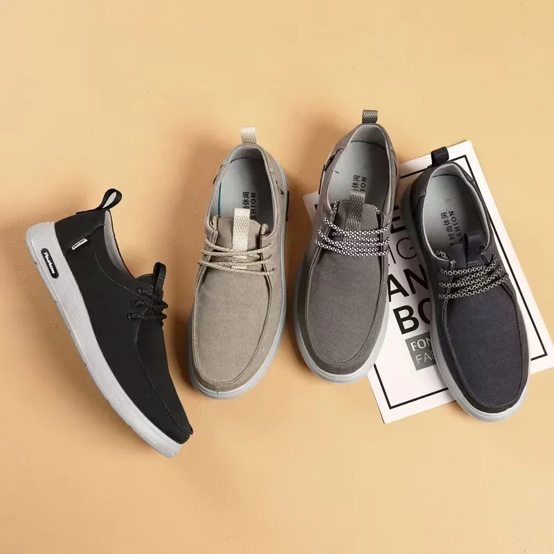 

Мужская парусиновая легкая обувь, модная спортивная обувь с дышащей сеткой, повседневная мужская вулканизированная обувь, классические лоферы без шнуровки на плоской подошве