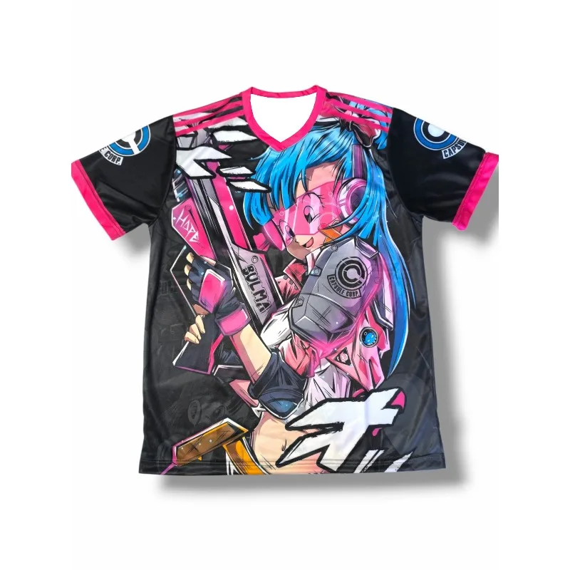 camiseta-masculina-nova-cyberpunk-bulma-anime-dragon-ball-preta-e-rosa-logo-da-capsule-corporation-gola-v-manga-curta-para-fas