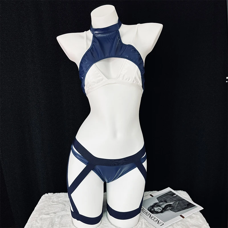 

SENMHS Women Sexy Anime Bikini Dead Reservoir Water Cosplay Unifrom Split Bandage Patent Leather Statement Piece Clothing