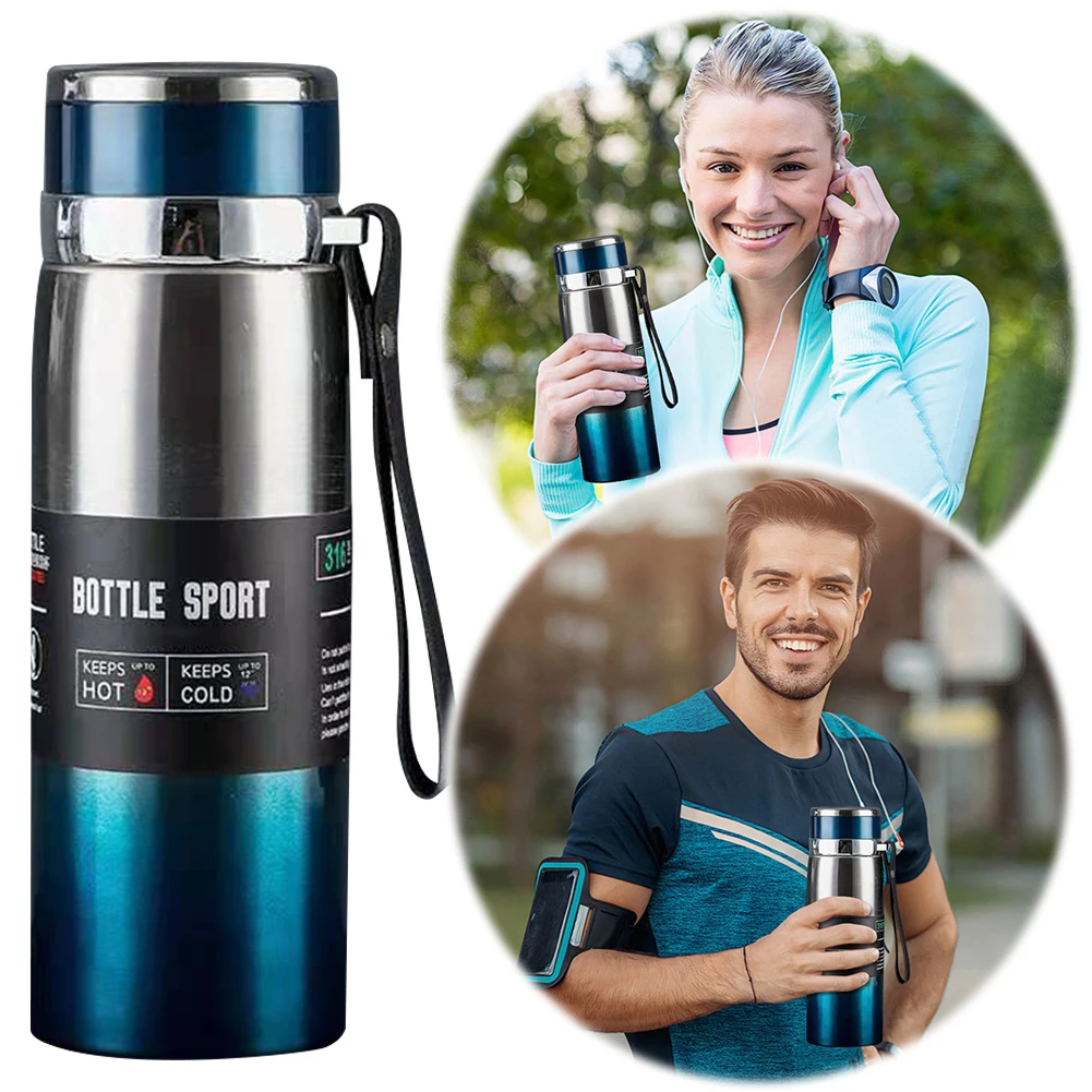 1000ml Thermal Water Bottle with Handle Vacuum Double Insulation Cup Stainless Steel Outdoor Vacuum Flask for Hot Cold Drinks