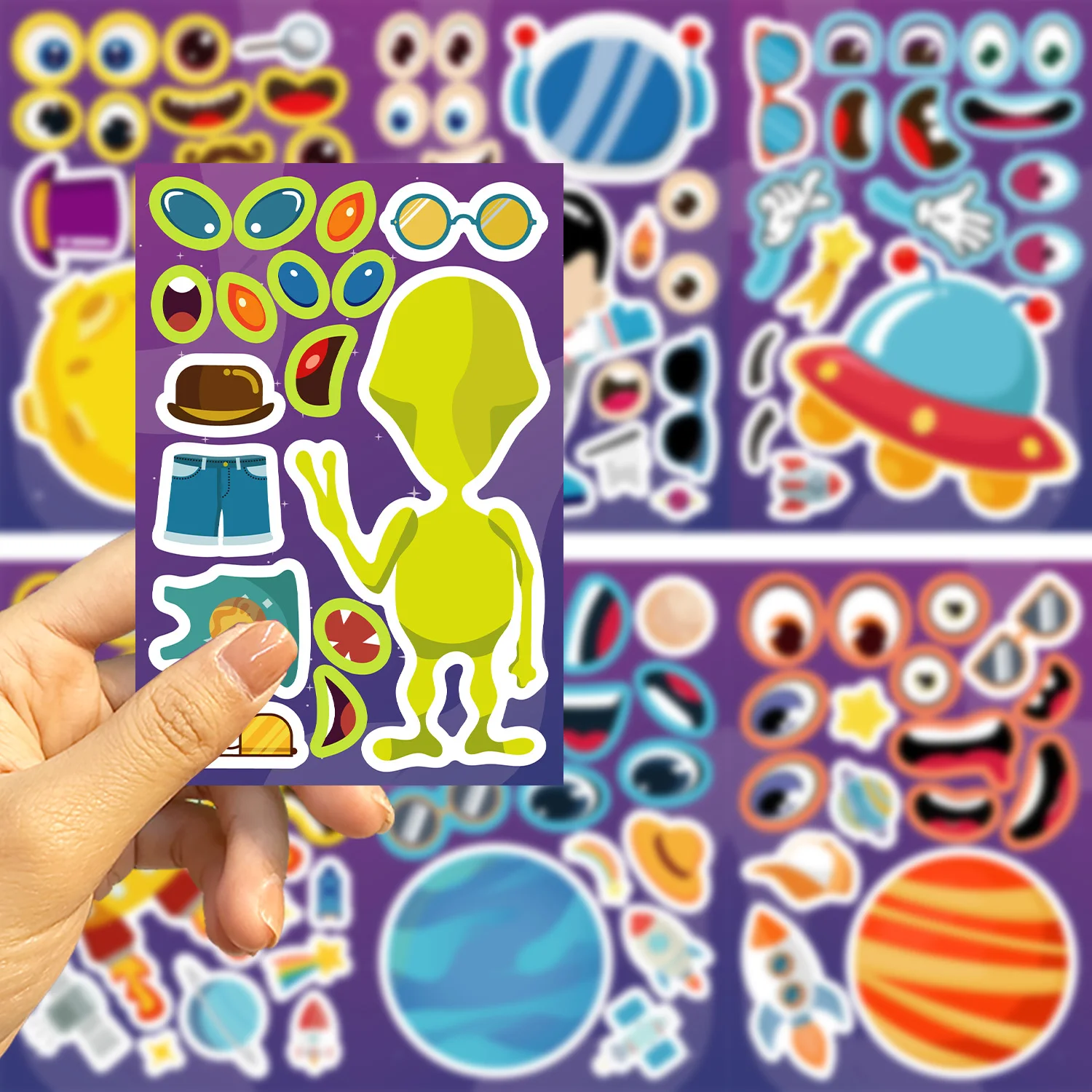 8/16/24pcs Space Planet Rocket Puzzle Sticker Make A Face Stickers Creative & Design DIY Decal Fun Craft Family Party Toys