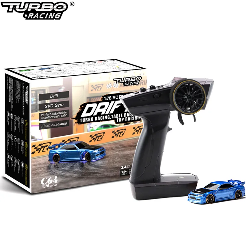 Turbo Racing Drift carro de controle remoto com giroscópio rádio, brinquedos RC proporcionais completos, kit RTR, presentes infantis, 1:76, C64,