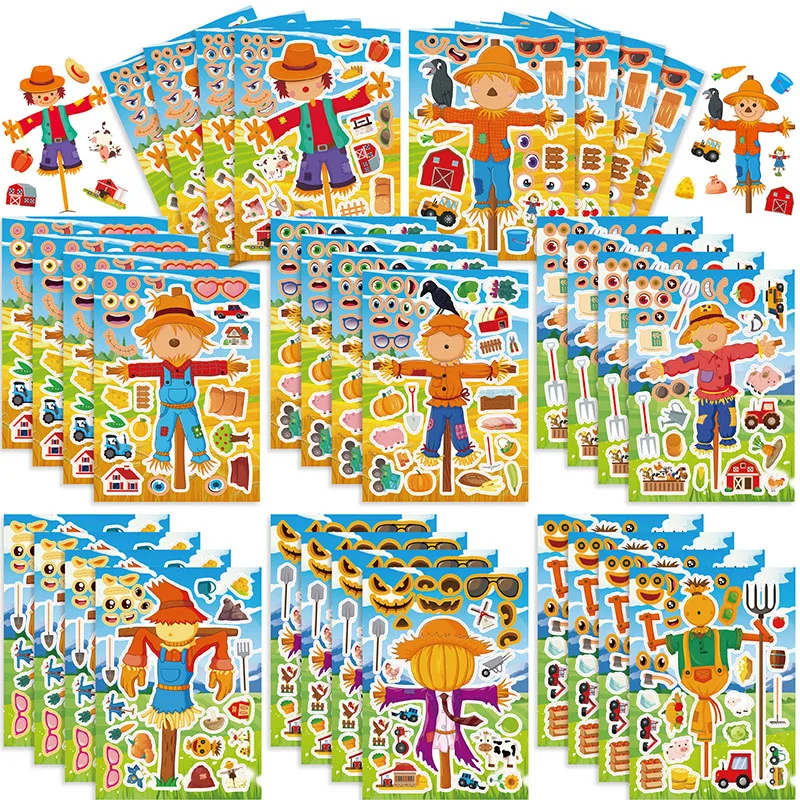 Kid DIY Make a Scarecrow Face Sticker Sheets Autumn Party Games Crafts Cute Cartoon Farm  Animal Field Scarecrow Puzzle Stickers