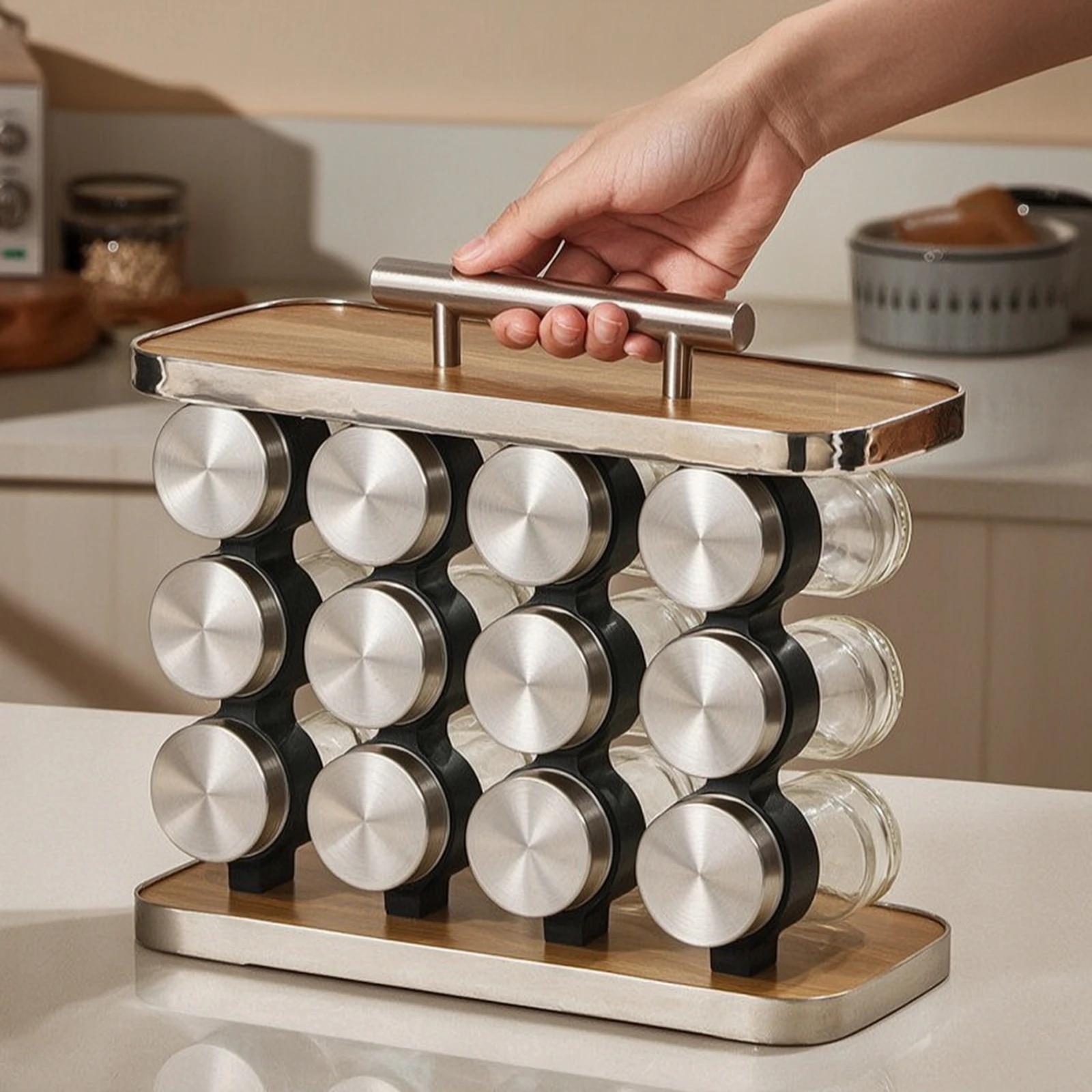 Seasoning Rack with 12 Jars Wood-Grain Seasoning Storage Rack with Handle Seasoning Bottle Set Compact Space-Saving