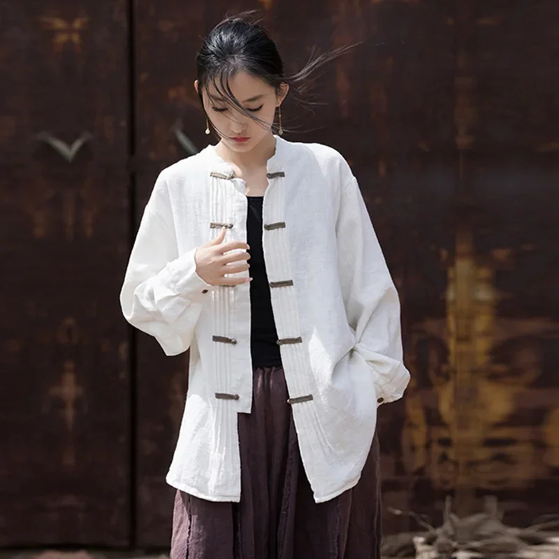 

Pop Women Loose Shirt Summer Autumn R Retro Casual Flax Tops Ladies Vintage Blouse Tops Outer Garment Woman Jacket