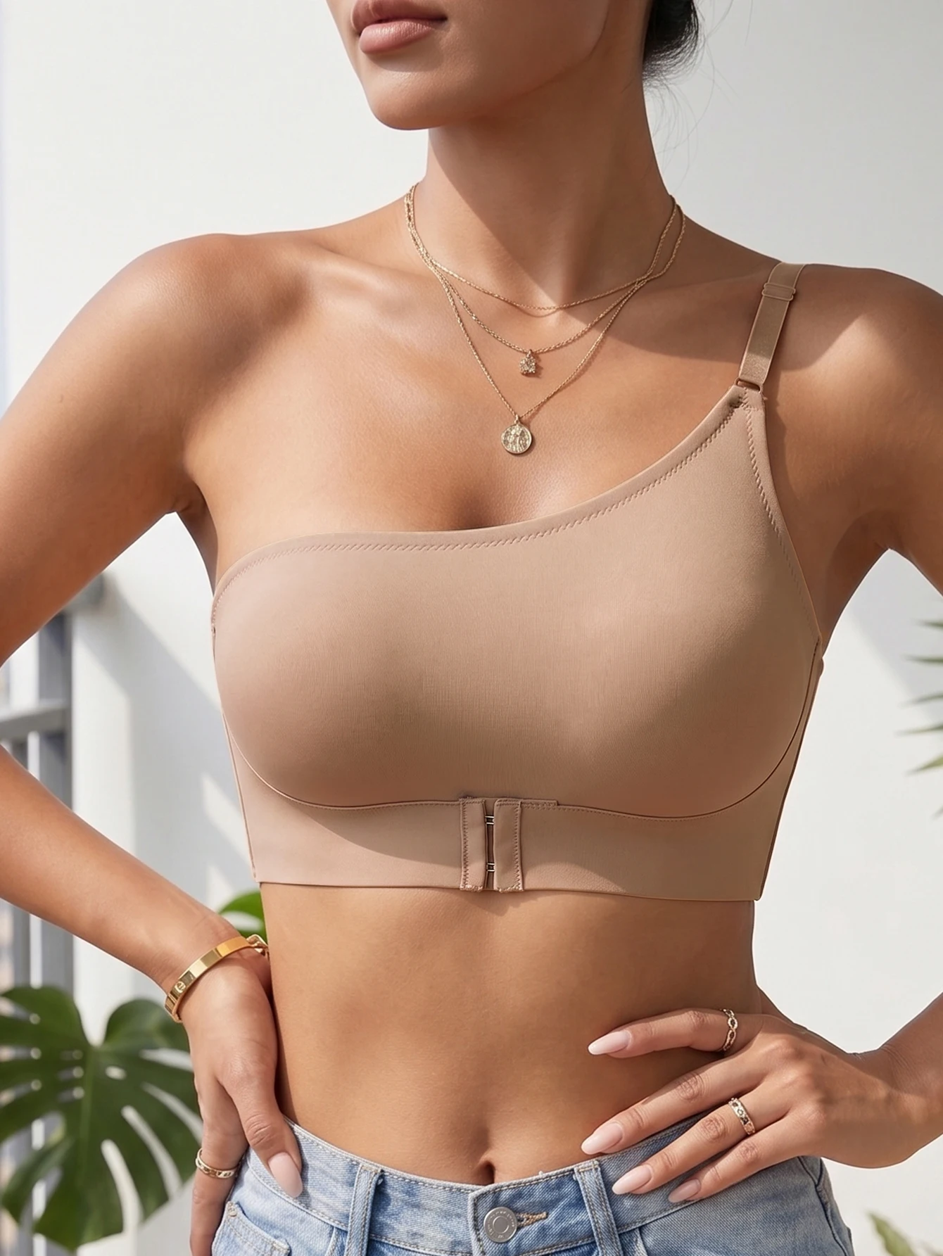 Nahtloser One-Shoulder-BH für Damen mit Frontverschluss, bequem, ohne Futter, kabellose Unterwäsche – Detail 23
