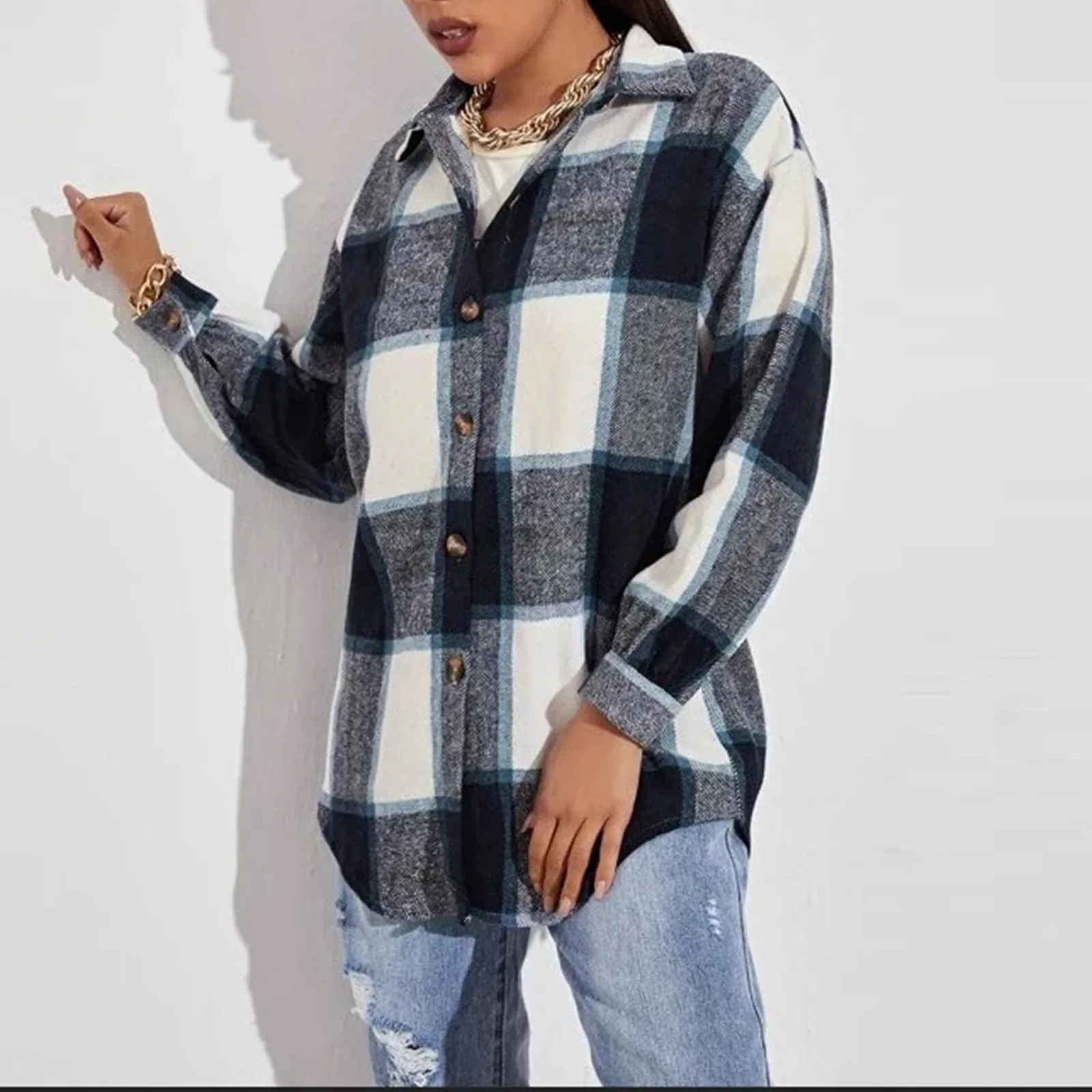 Women's Overcoat Thickened Casual Button Down Super Soft Plaid Winter Long Sleeve -Shirts Snow Coat Outwear