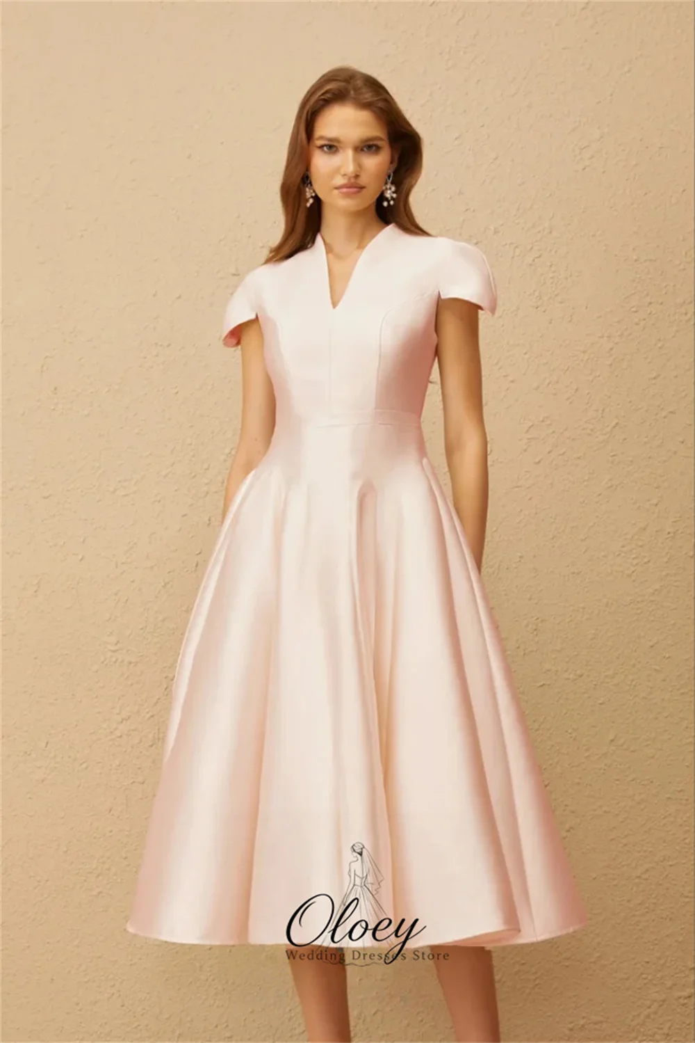 OLOEY Elegant Multiple Colors Satin A-Line Evening Gown Dress V Neck Short Sleeve Formal Party Dress Customized Reception Dress