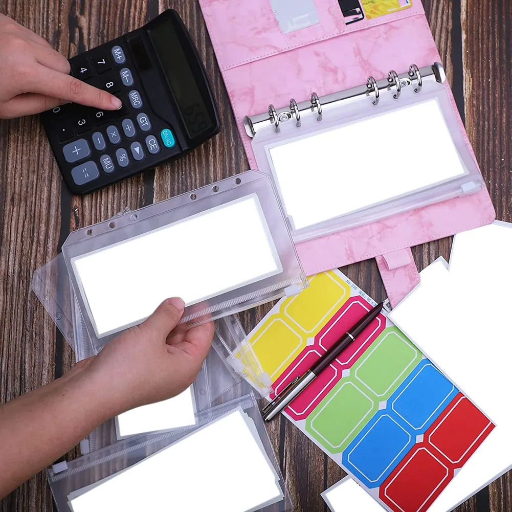A6 PU Binder Cover with A6 Binder Pockets Loose Leaf Bags 6 Ring Budget Binder Cash Envelopes Money Saving System D