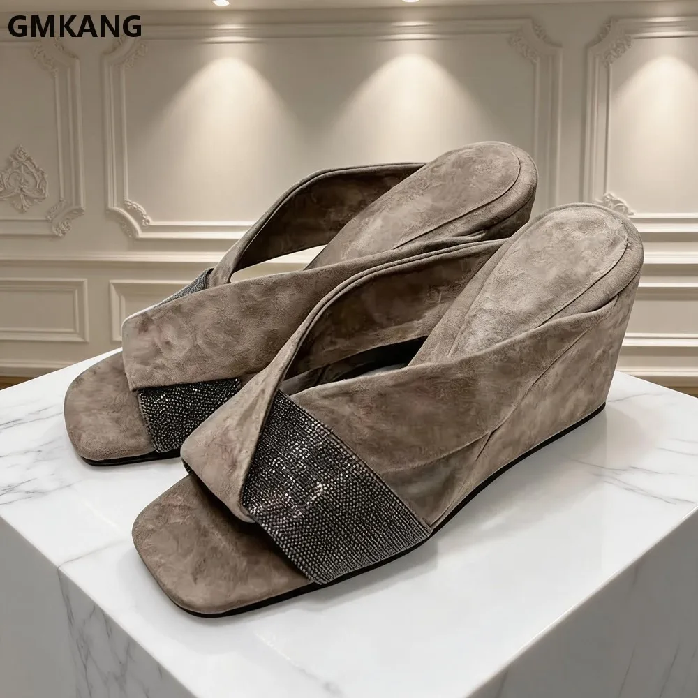 GMKANG Women's Wedge Heel Sandals Summer Suede Slides Cross Strap Open Toe Beaded Chain Slippers Comfortable Casual Platform