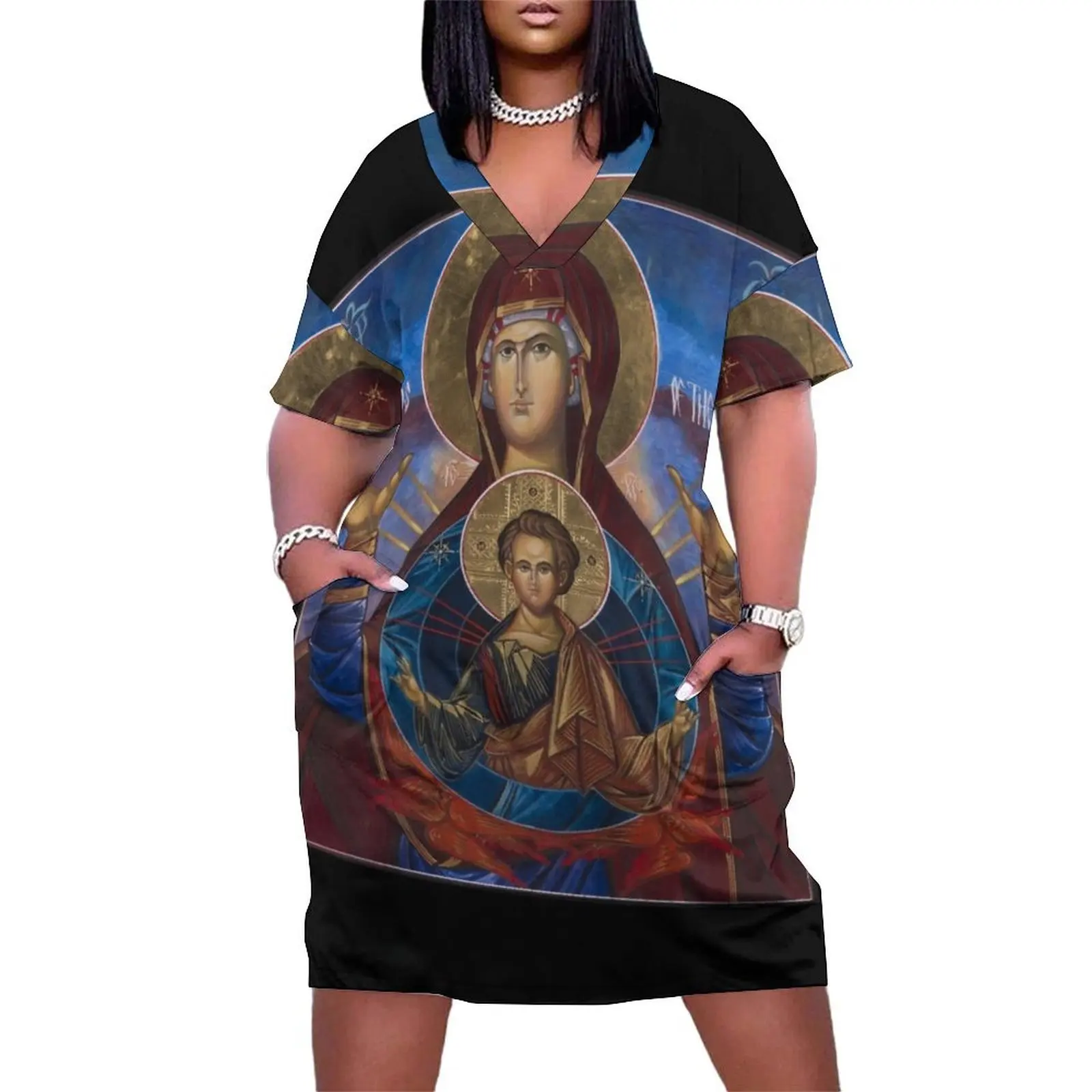 

Our Lady Virgin Mary Theodokos with infant Jesus, Russian Byzantine icon Loose Pocket Dress Dress for girls