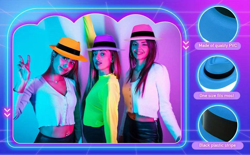 12-teilige Partyhüte im Neon-Mafia-Stil – helle Kleiderhüte für Gangster, Musik, Disco, Geburtstag, Fotokabinen-Requisiten und Gefälligkeiten – Detail 1