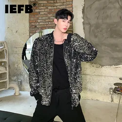 IEFB Casual Sequin men coat long sleeve lapel jacket 2023 new korean fashion long sleeve zipper temperament male tops