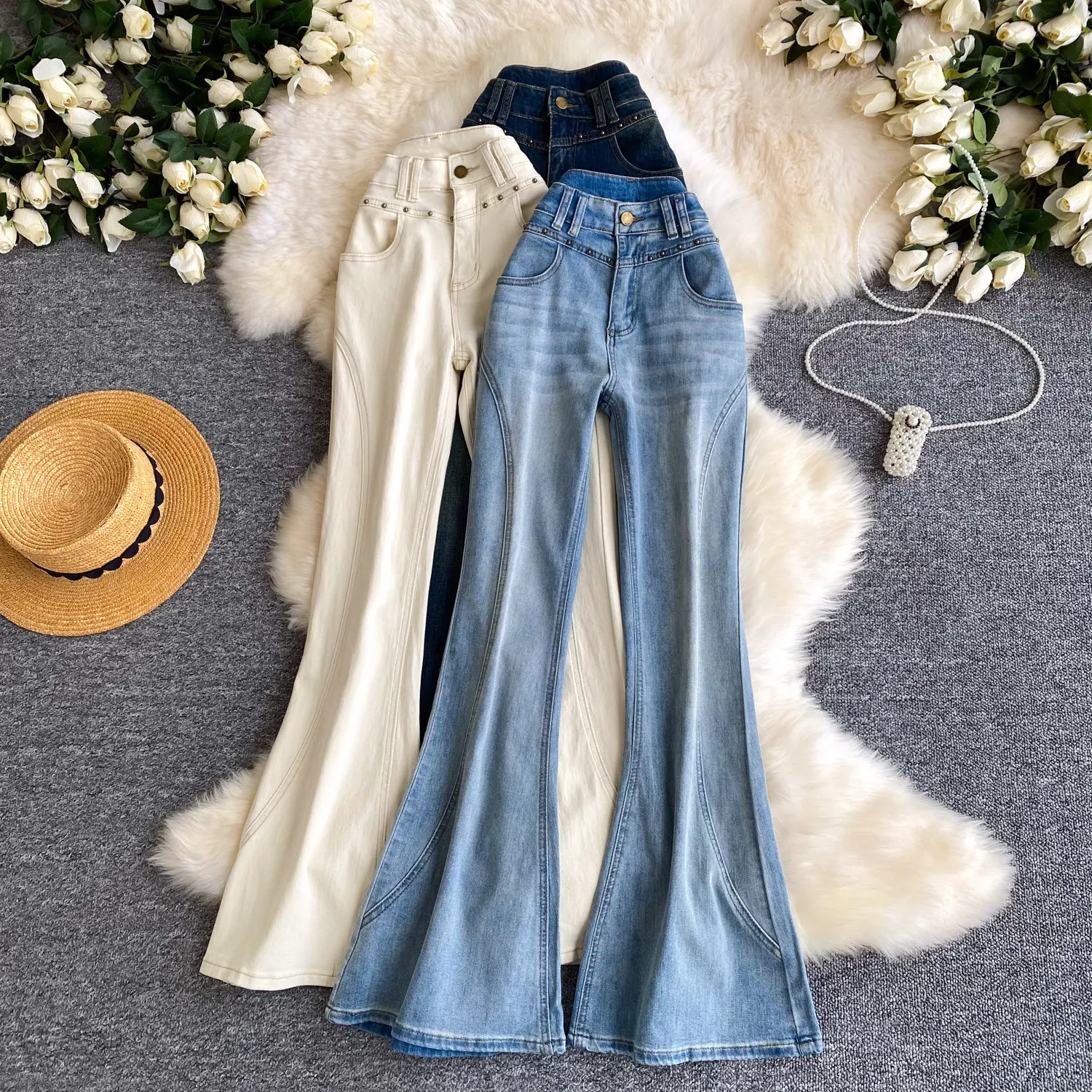 

Women Denim Jeans Solid Pants Pocket Button Zipper Fly Empire Waist Full Length Flare Pants Slim Casual Streetwear 2026 Spring