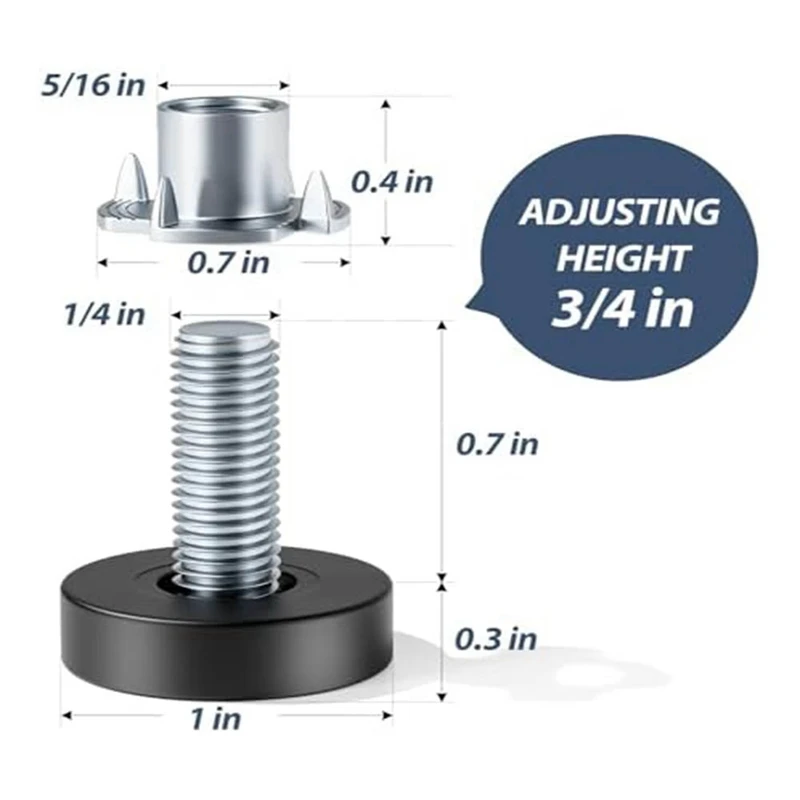 T 너트가 있는 가구 레벨링 피트, 블랙 메탈 레그 레벨러, 테이블 피트, Deak용 나사 장착, 12 피스