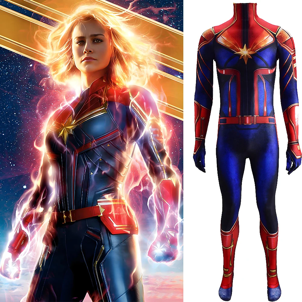 

Captain Marvel Cosplay Carol Danvers Superhero Costume 3D Printed Bodysuit Zentai Outfit Spandex Halloween Costume for Woman