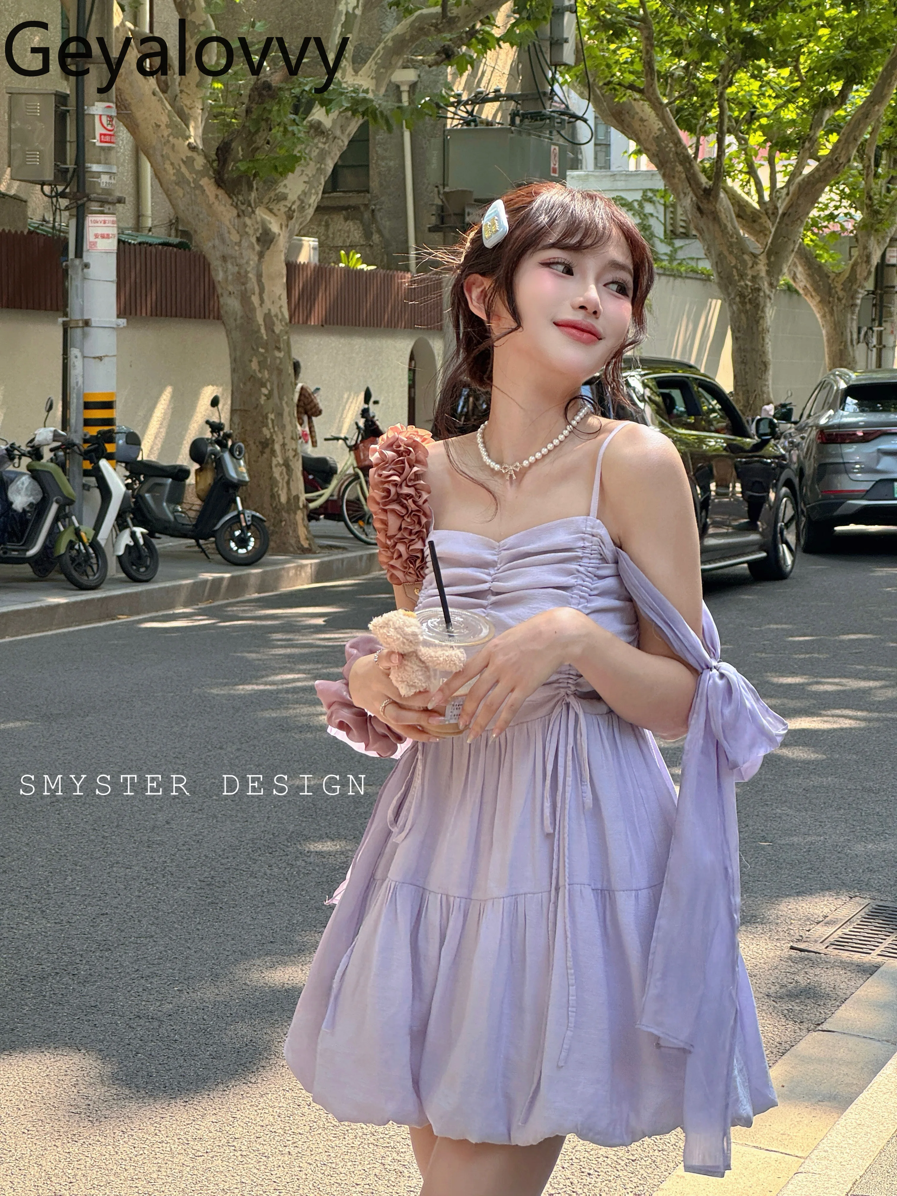 

Fashion Summer Girl Japanese Style Original Tie Strap Short Dress Women Off-Shoulder Bowknot Tie Sweet Cute Simple Sling Dresses