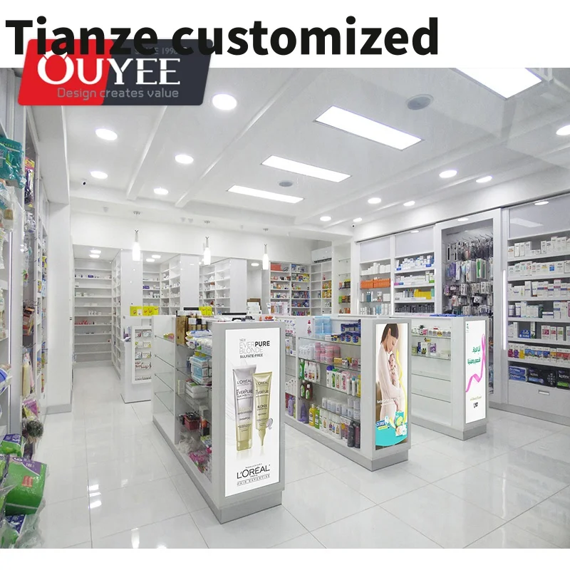 

Customized-High Quality Product Stand Drugstore Medical Store Interior Design Design Furniture Used Mall Kiosks Pharmacy Drawer