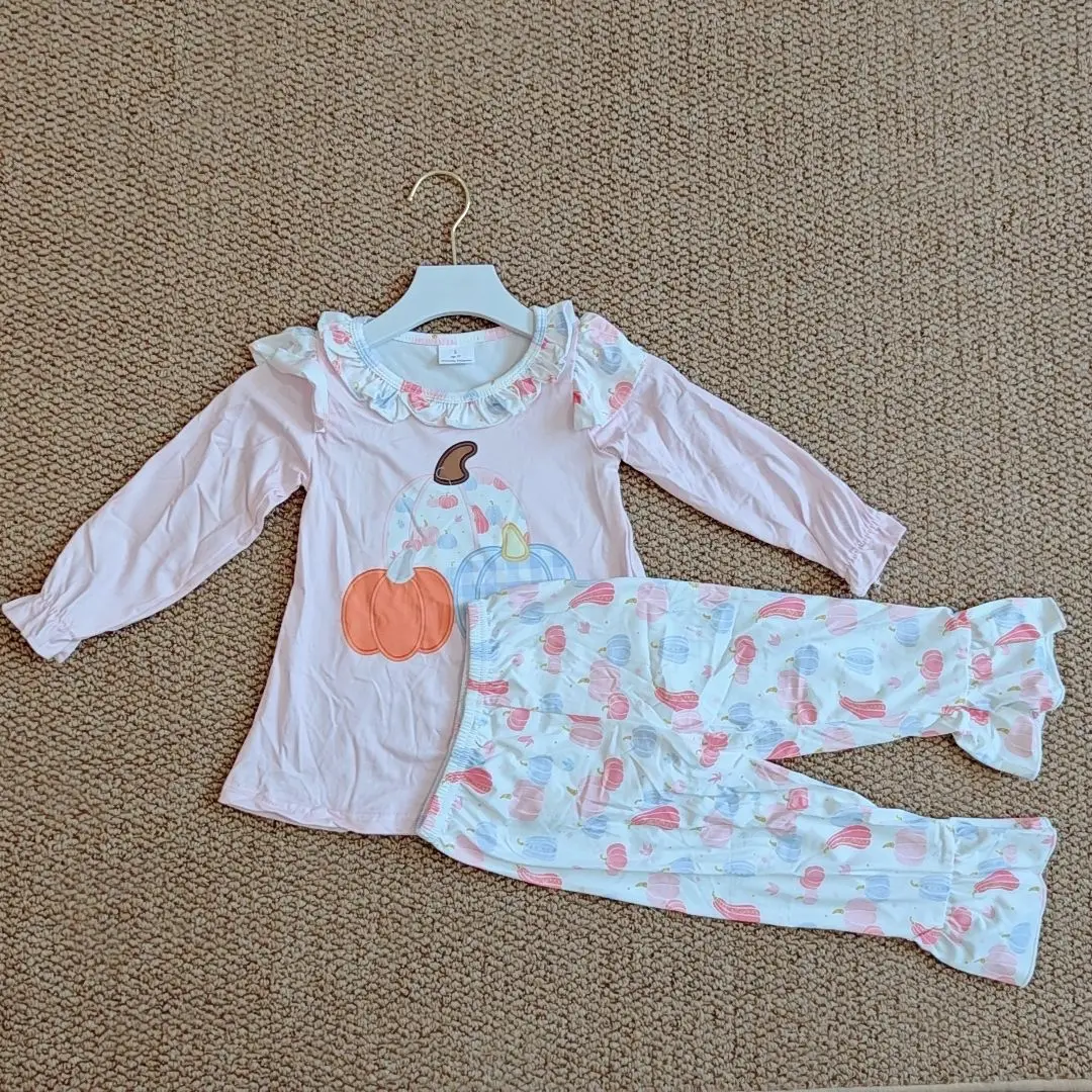 

9.18 Autumn Wholesale Western Boutique children Baby Girls Fall Pumpkins Tunic Top Ruffle Pants Clothes Sets