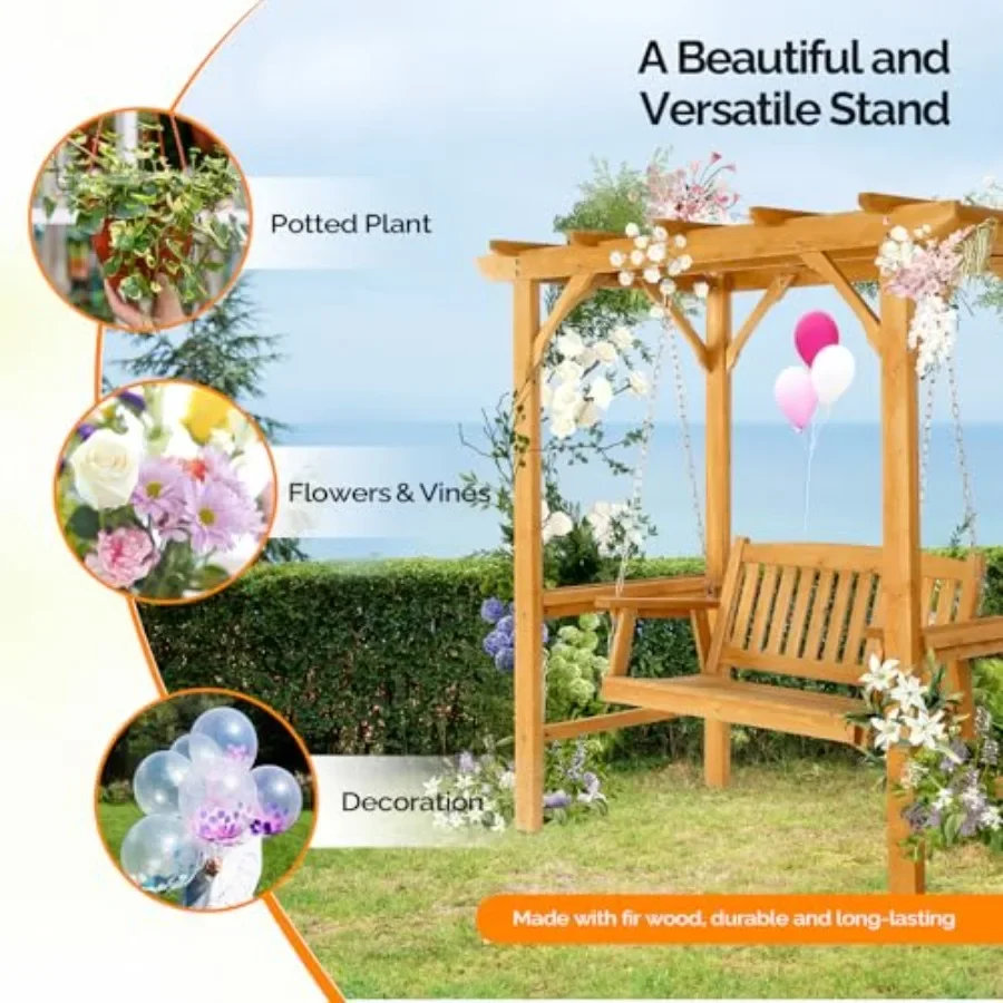 4 FT Wooden Porch Swing with Archway Stand for Outdoor Patio Use, Natural Wood Color, Weather-Resistant Solid Pine Construction
