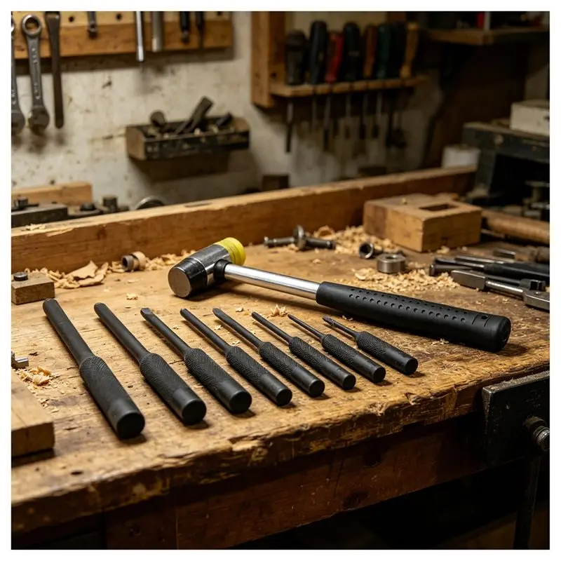 L60A Carbon Steel Pin Punch Set(9 Pcs), Including Brass& Steel Pin Punches, Punch Removing Repair Tools Hammer view 4