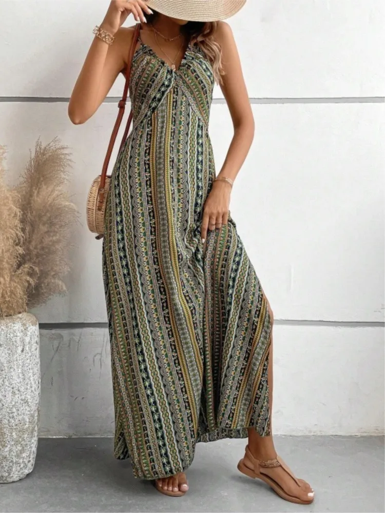 Abito con stampa di moda per le donne Casual sexy scollo a V senza maniche Backless Abiti larghi Robe Femme Holiday Boho Beach Party Vestidos