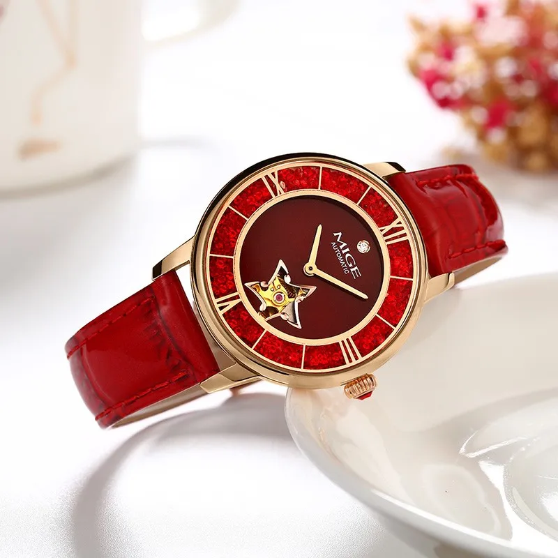 MIGE Automatic Mechanical Women Wristwatches Genuine Leather Strap Waterproof Fashion Watch For Women Sapphire
