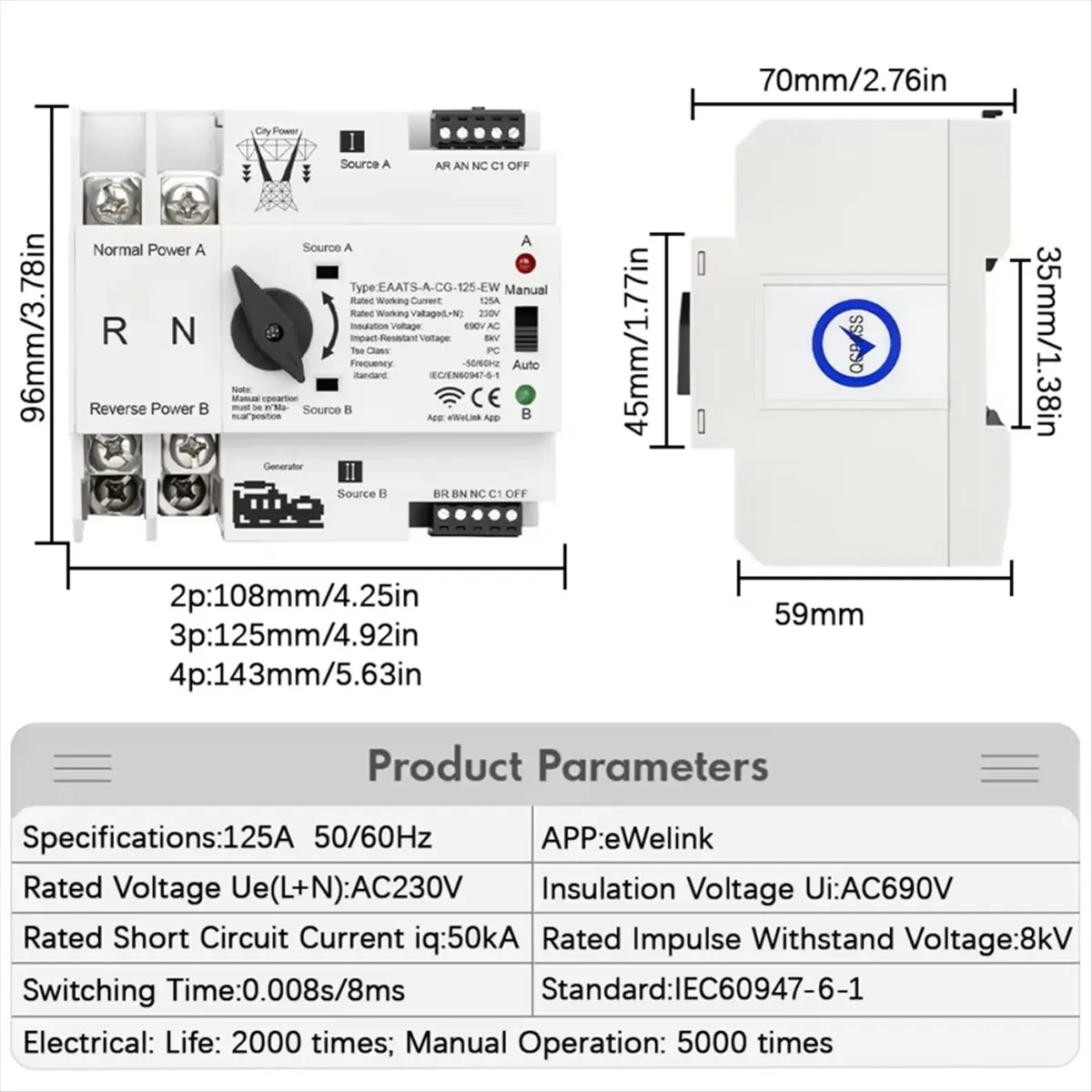 BAAQ ATS WiFi Smart Dual Power Automatic Transfer Electrical Switch Uninterrupted Power Supply 125A 2P