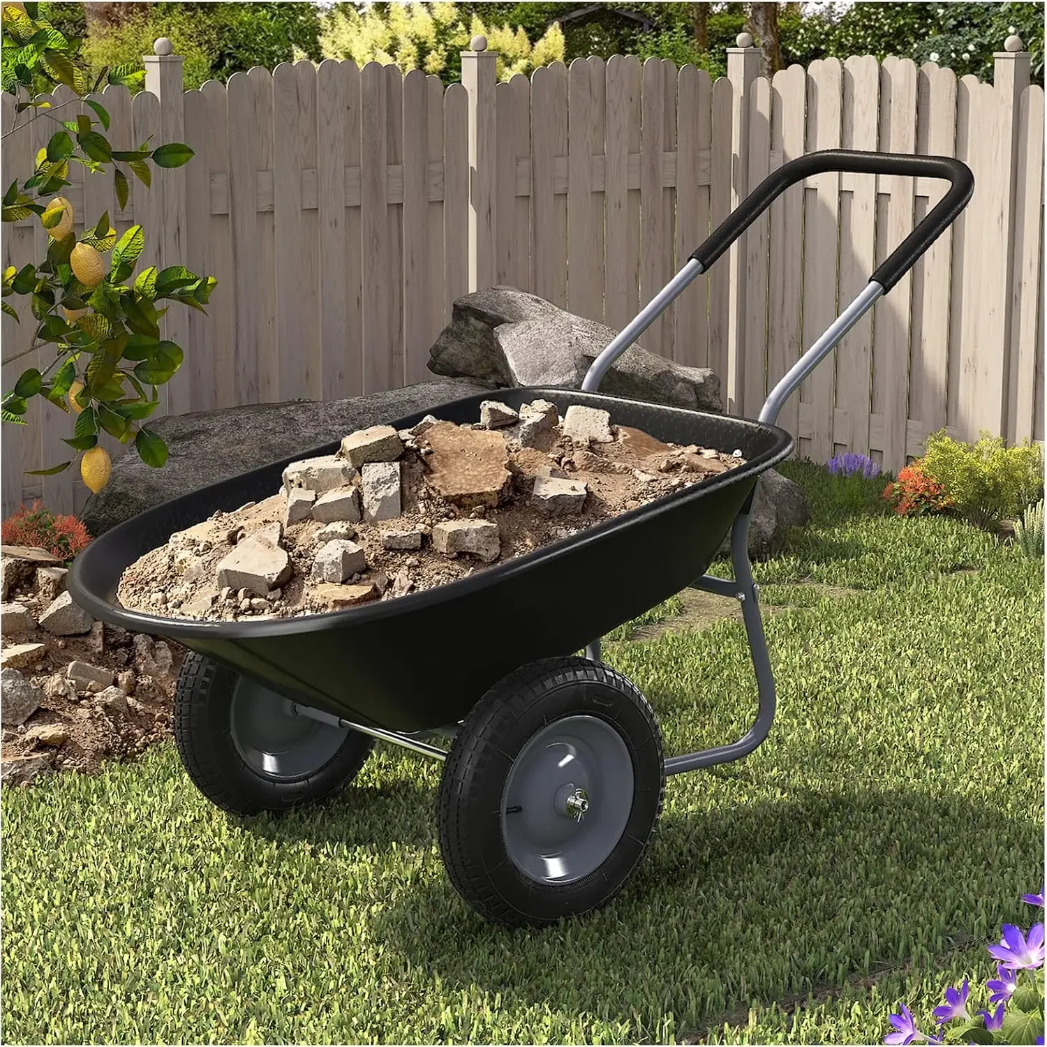 Wheelbarrow, Easy Loading and Dumping Garden Cart, Heavy Duty Utility Dump Cart for Outdoor Lawn Yard Farm Ranch, Black