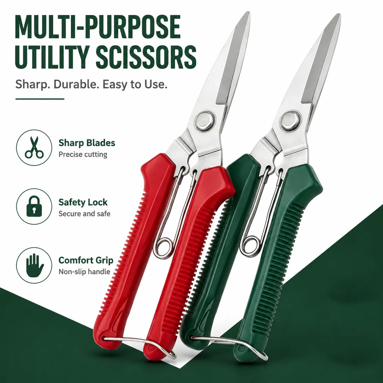 Multi-Purpose Garden Shears: stainless blade, non-slip grip, spring-loaded, safety lock. Cuts branches, wire, fabric.