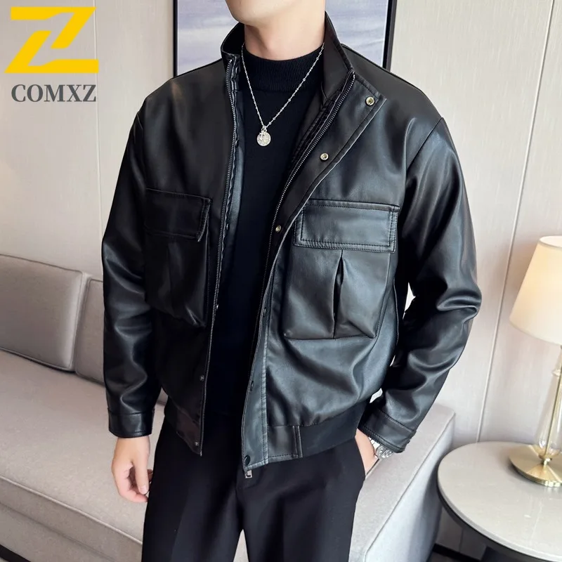 

COMXZ Mens Leather Jackets Stand Collar Hiking Travel Windproof Coat Casual Daily Style Lightweight Autumn New Motorcycle Jacket