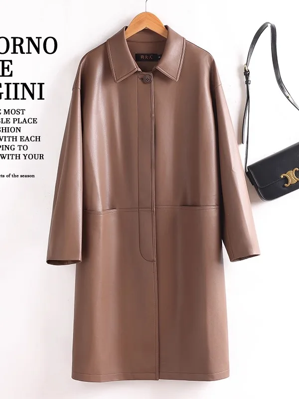   Ning – manteau en cuir véritable pour femme, mi-long, grande taille, ample, haut de gamme, sensation eepskin, nouvelle collection printemps automne 2025