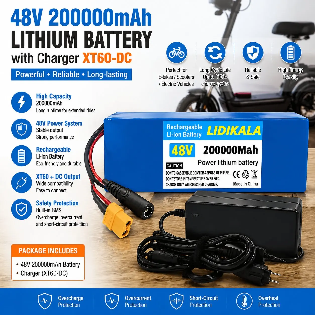 Nuovo Aggiornamento 2026: Batteria agli ioni di litio 13S3P 48V 200Ah 18650 con BMS integrato, batteria ricaricabile ad alta potenza per e-scooter e biciclette elettriche da 500W‑1000W.