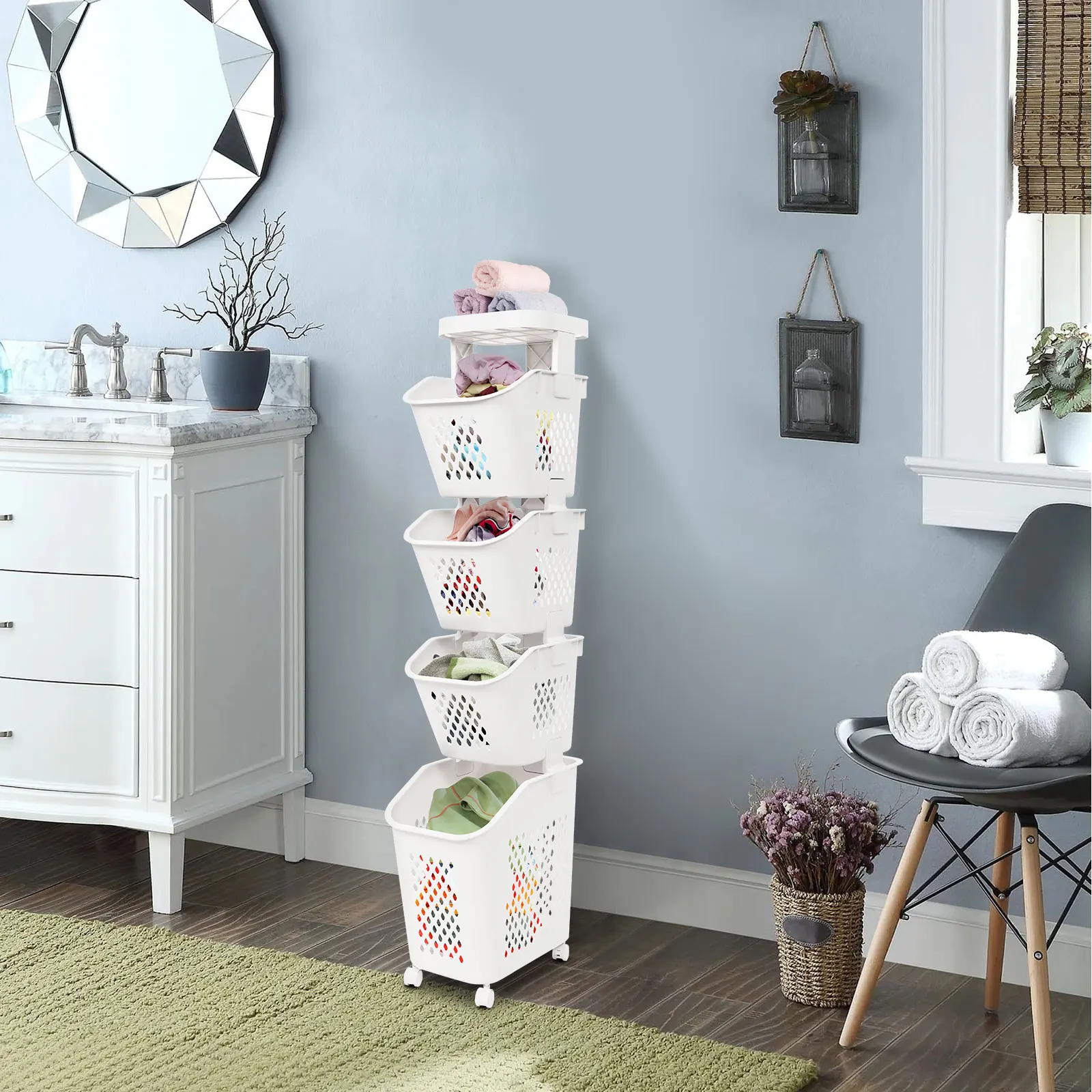 

White PP 38x15x132cm 4-layer Seam Dirty Laundry Basket with Pulley Movable Storage Rack Multifunctional Storage Basket