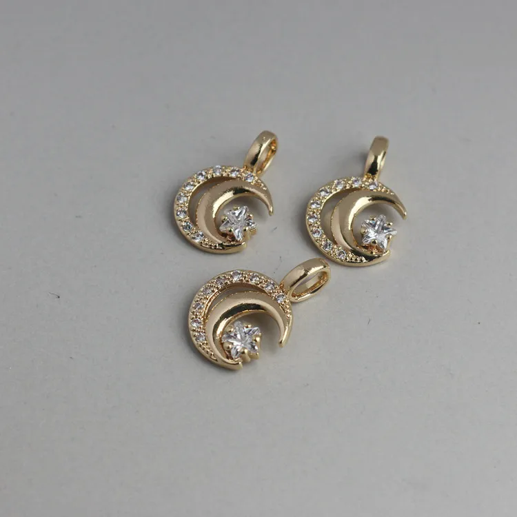 14K Gold Plated Double Ring Moon Pendant Inlaid Star Zircon 11MM DIY Jewelry Findings