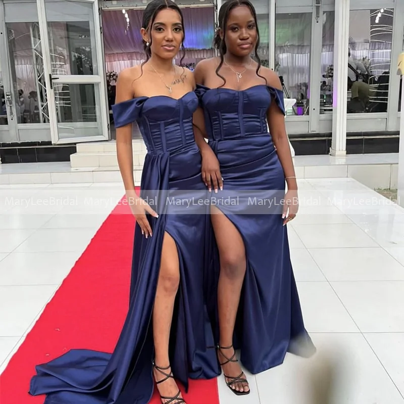 

Dark Navy Mermaid Bridesmaid Dresses with High Slit Off the Shoulder Exposed Boning Sweetheart Neckline Satin Maid Of Honor Gown