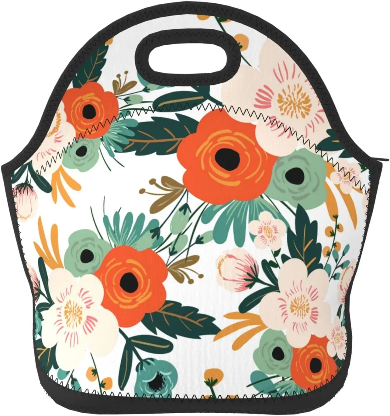Orange Flowers Neoprene Lunch Bag, Insulated Lunch Box for Women, Reusable Lunch Tote Bags with Zipper for Work School Picnic