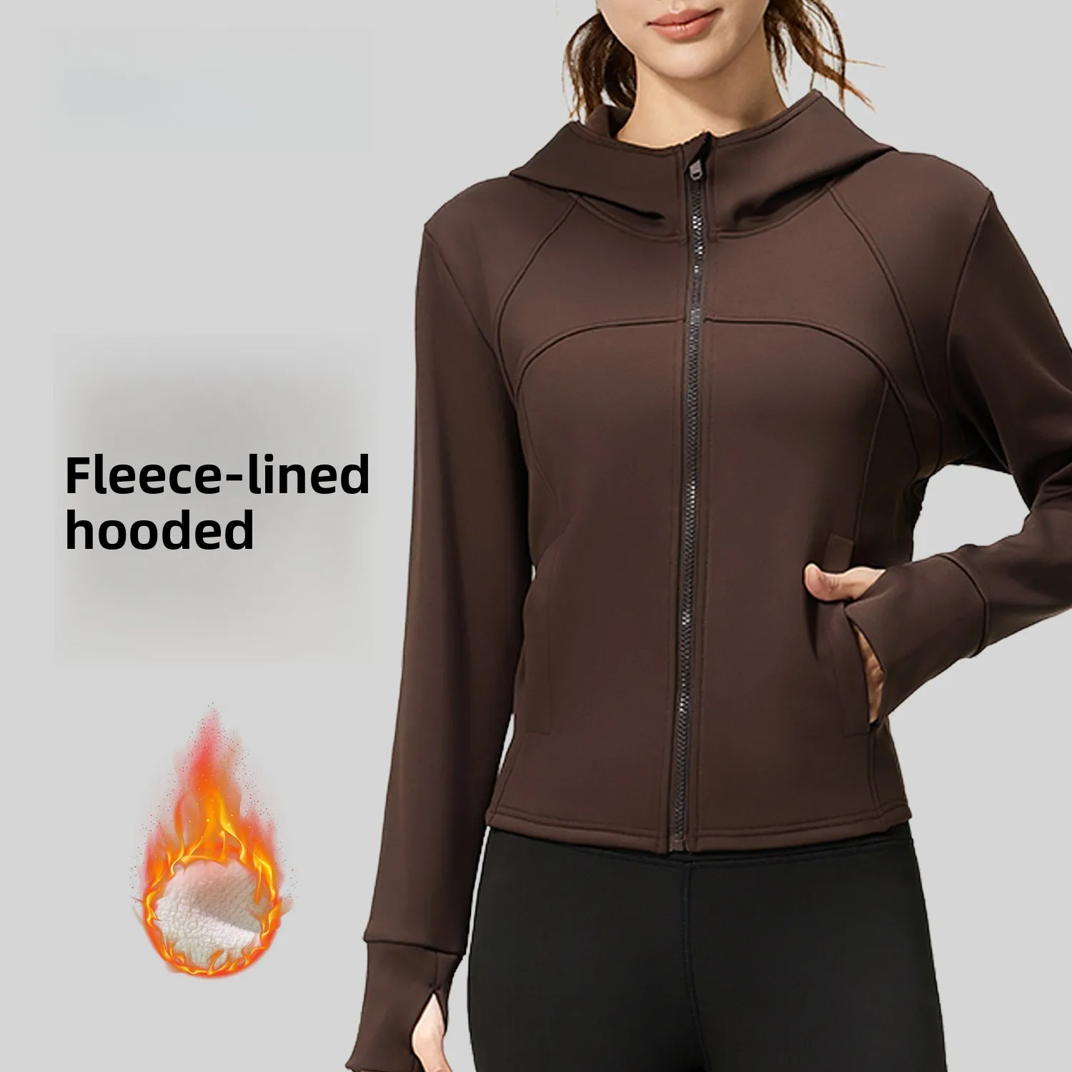 Women Warm Peach Fleece Zip Up Hooded Yoga Jacket With Pockets Cuffed Sleeve Thumb Hole Relaxed Fit Long Sleeve Gym Athletic Top