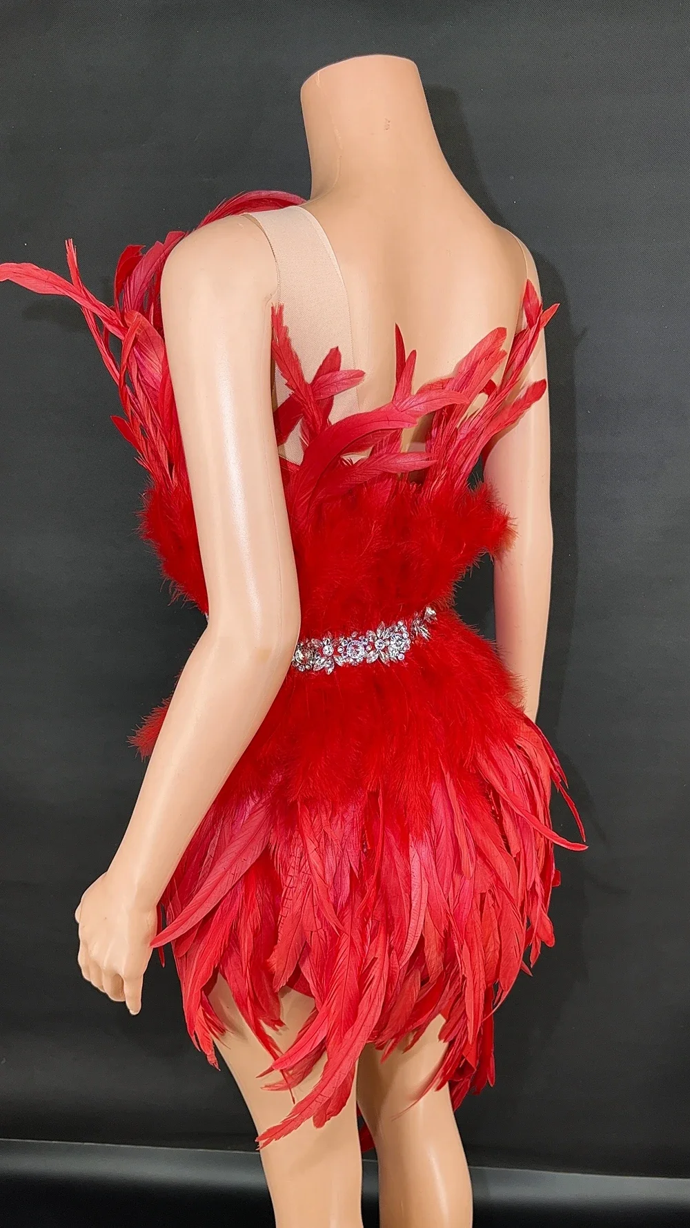 섹시한 파티, 프롬, 생일, 결혼식 축하 드레스, 쇼 무대 의상, 우아한 깃털과 라인스톤 장식의 여성용 원 숄더 숏 드레스