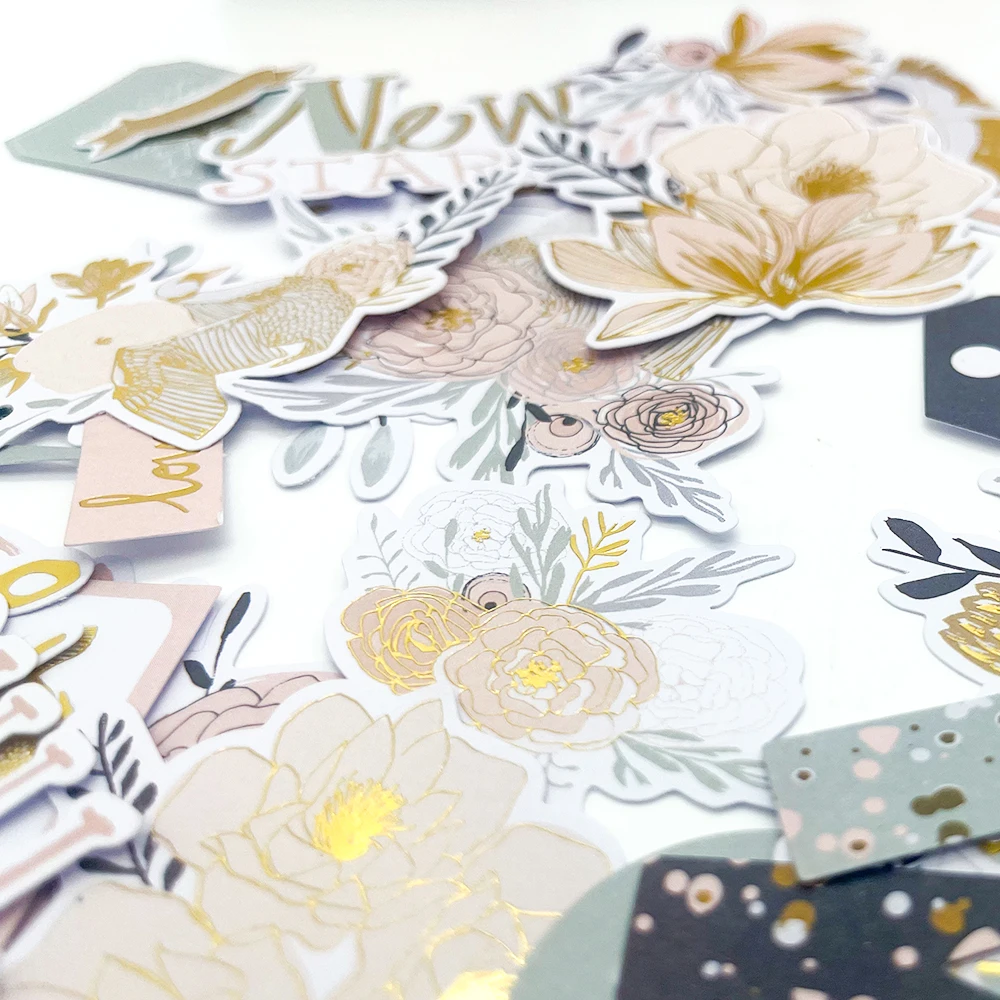 Creative Path 118pcs New Beginning Scrapbooking Die Cuts Gold Foil Bird Flower Paper Diecuts Ephemera For Crafting Journaling