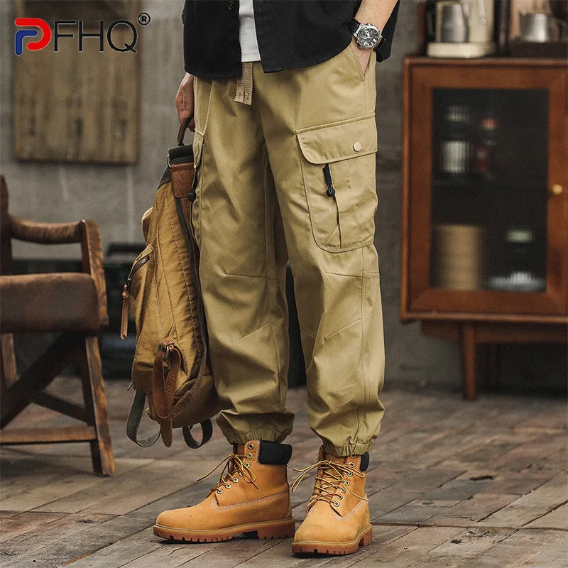 PFHQ American Style Men's Cargo Pants Solid Color Big Pocket Cuffed Trousers Drawstring Elastic Waist Male Bottom Autumn 21Z7663