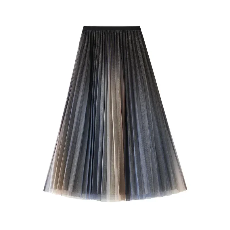 Greenora Fashion Gradient Two Layers Gauze High Waisted Mesh Skirt Women Slim Casual Pleated Design Sagging Sensation Lady Pleat