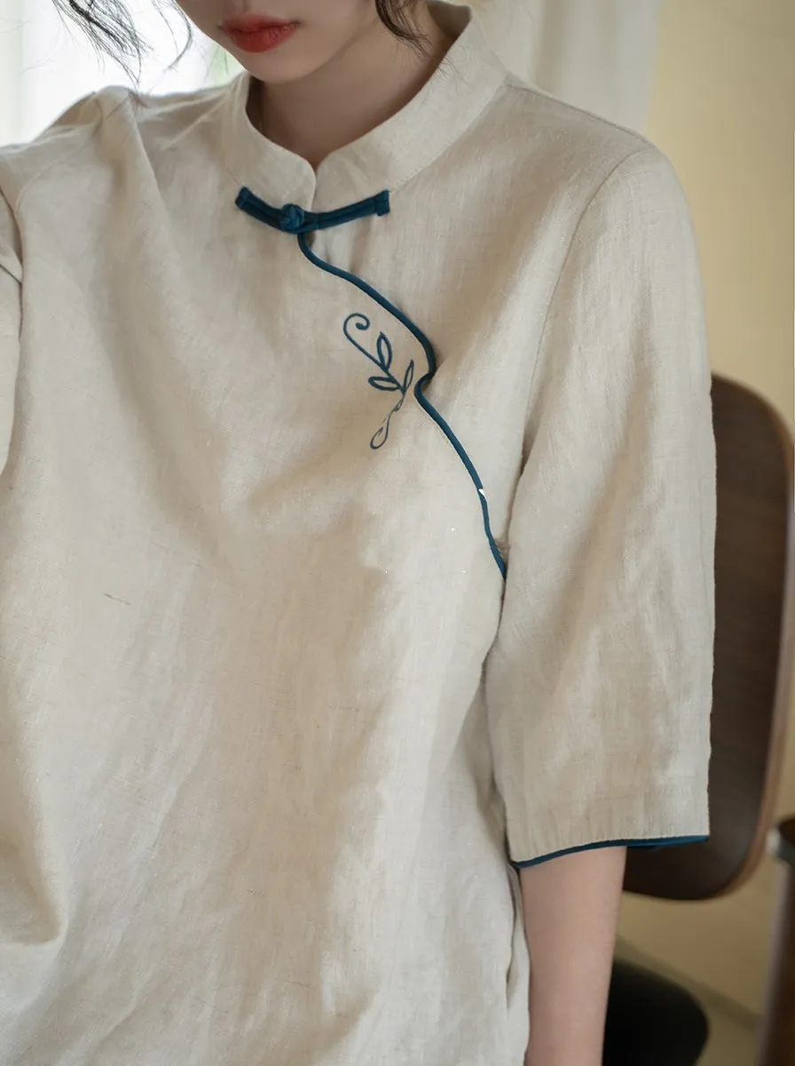 Vestido F de Verão Tamanho ande em Mistura de Aodão e Linho, Estilo Traje Tradicional Chinês para Chá,  M...