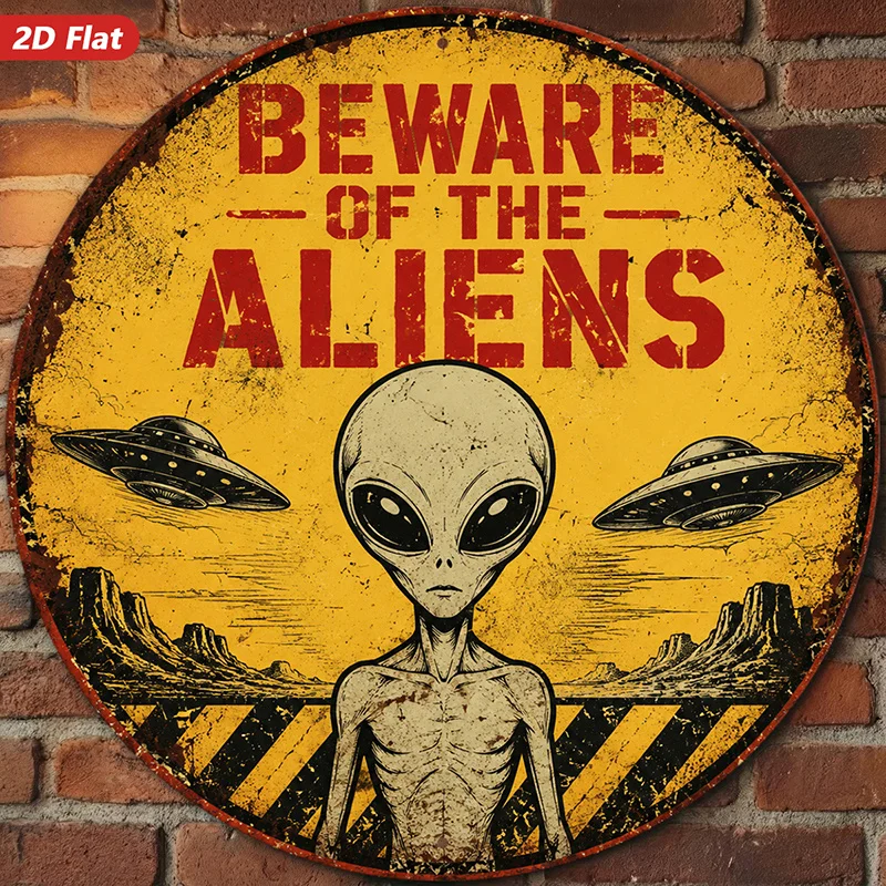 2D Flat, 1pc Retro Alien Warning Round Metal Sign Wall Art, Beware Of The Aliens Text, Gray Alien Figure, Flying Saucers, Home D