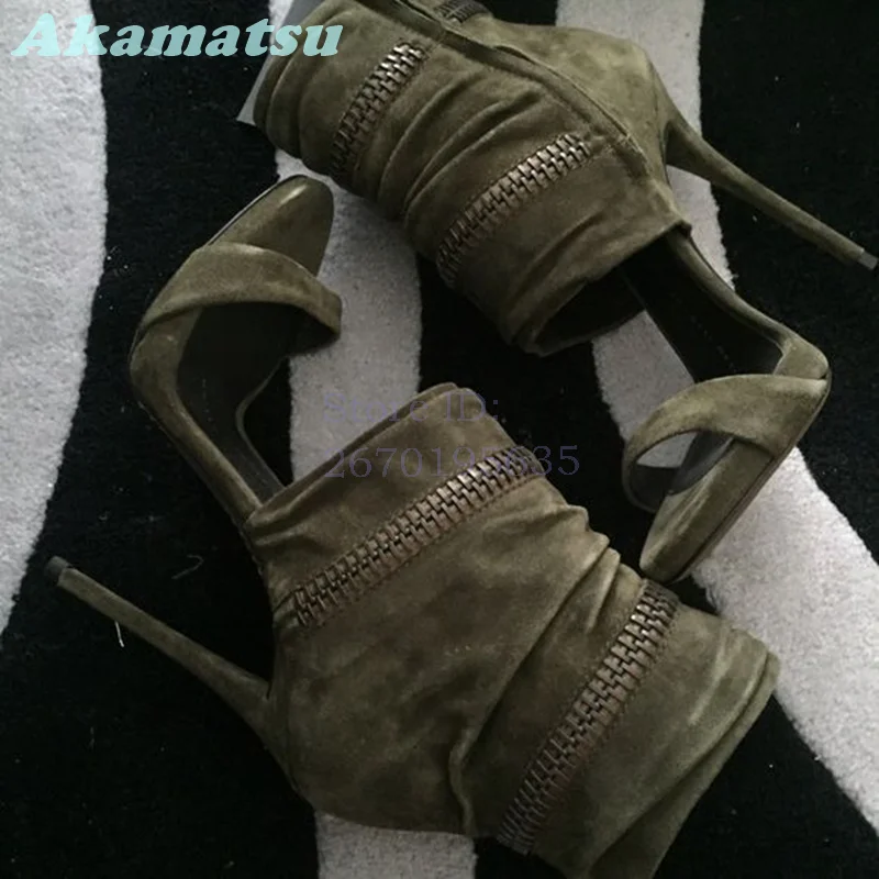 Olive Green Suede Pleated Sandals Round Toe Zipper Decor Heel High Heel Summer Ankle Boots 2026 Women Stiletto Roman Shoes
