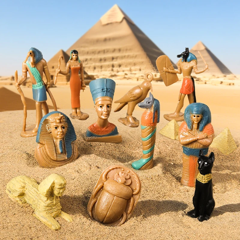 Oenux 29pcs 고대 이집트 미라 상자 스핑크스 피라미드 Bastet 타지 마할 랜드 마크 만리장성 콜로세움 모델 액션 피규어 장난감
