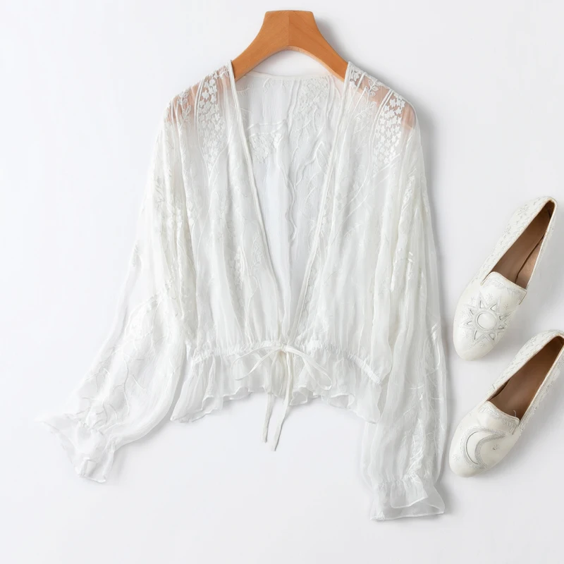 

100% Mulberry Silk Women's Thin Cardigan White Embroidery Long Sleeve Cappa Top Coat Blouse 2025 Summer Beach Cover Up MM931